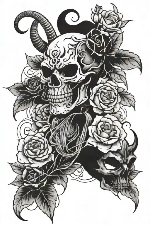 Skull with roses and Oni mask with Japanese clouds around tattoo design idea