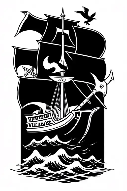 viking with war axe viking ship with waves and crows nordic war symbols  tattoo design idea