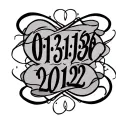 "02-13-1958  01-18-2022" fancy script font tattoo design idea