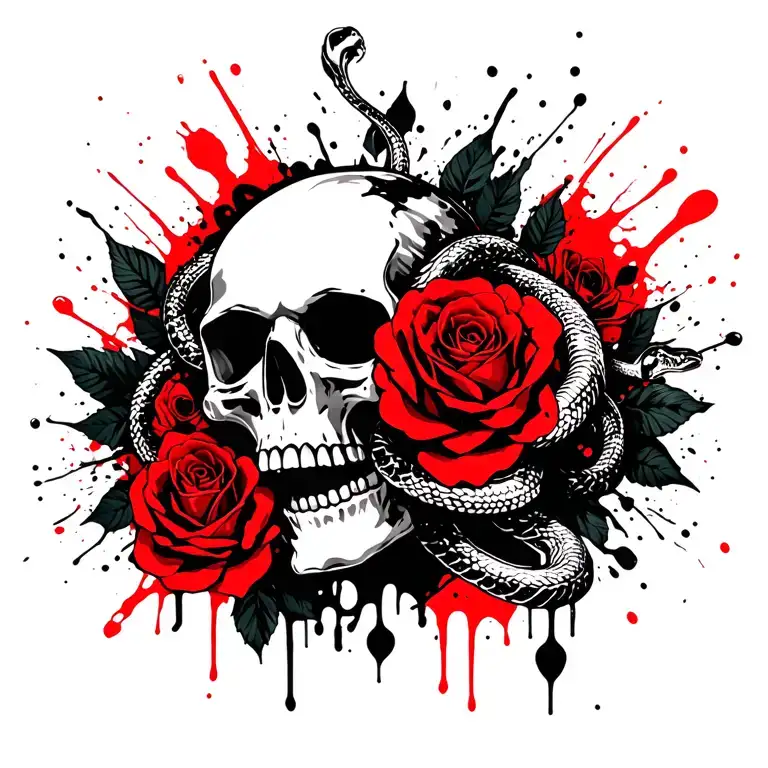 skull with roses and snakes tattoo design idea
