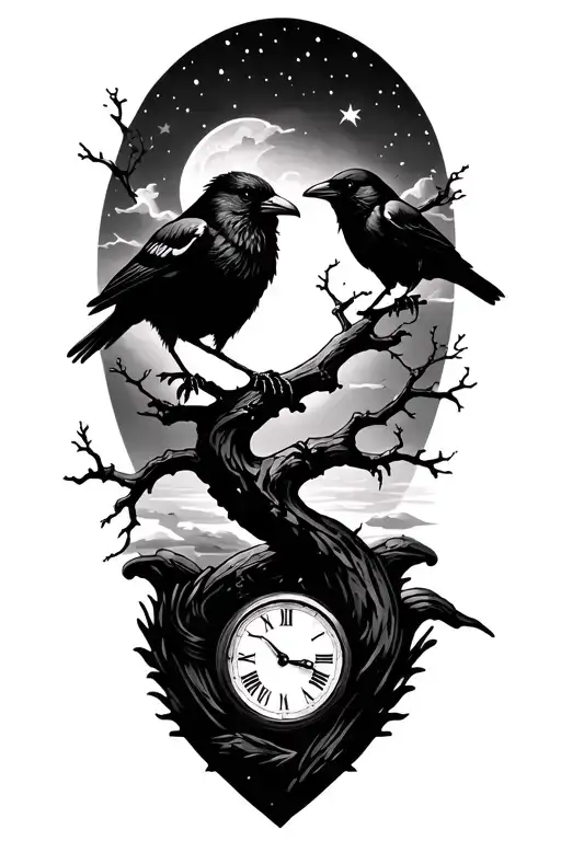night sky, crows, tree branch, time, ribbon tattoo design idea