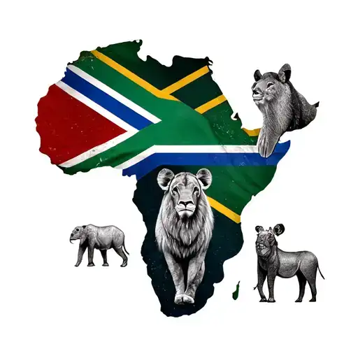 Create a tattoo of the big five animals of Africa inside the Continent of Africa with the South African Flag below tattoo design idea