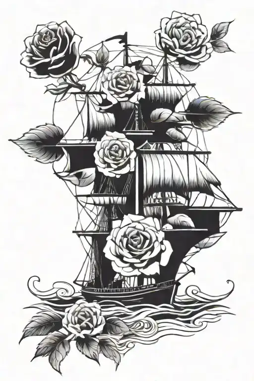 English rose and old ship sailing tattoo design idea