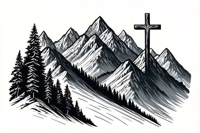 mountains and hiking and christian cross tattoo design idea