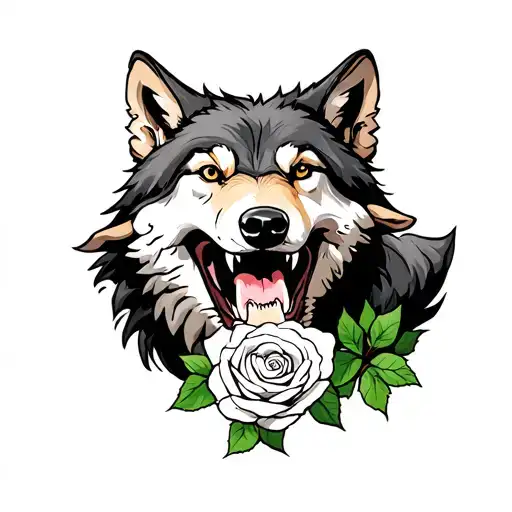 Wolf with mouth wide open teeth showing  with a sheep head in its mouth, White rose like fluff pedals tattoo design idea