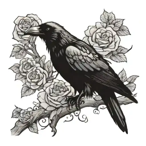 black-and-white raven sits perched on a branch, its wings slightly outstretched as if in flight. with roses tattoo design idea