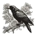 black-and-white raven sits perched on a branch, its wings slightly outstretched as if in flight. with roses tattoo design idea