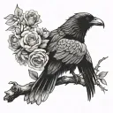black-and-white raven sits perched on a branch, its wings slightly outstretched as if in flight. with roses tattoo design idea