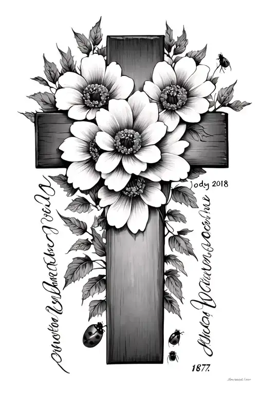 cross with flowers in intertwined with names written down the side, Jody Daniel Wilson, and 1987-2018 with 2 lady bugs tattoo design idea