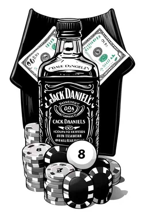 Main centerpiece: Large Jack Daniel’s bottle rolled up bills bag of coke poker chips 8 ball  tattoo design idea