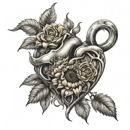 heart with roses and sunflowers intertwined  tattoo design idea