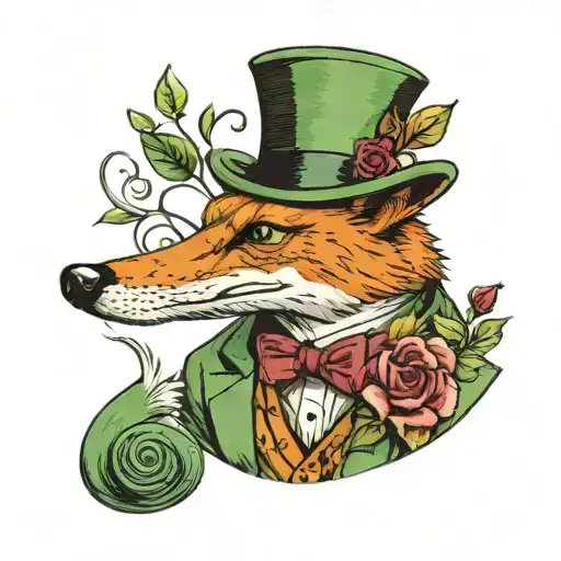 color sly gentleman fox upper body in green tweed suit top hat monocle with roses background tattoo design idea