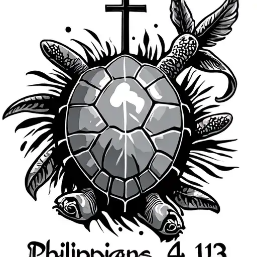 Philippians 4 13 underlined with cross and turtle surrounded tattoo design idea
