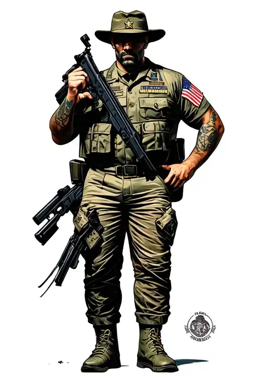 A powerful and elegant tattoo design combining veteran silhouette with intricate US army finance symbols tattoo design idea