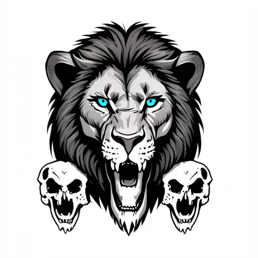 intimidating Lion with blue eyes, dead animal skulls on the bottom  tattoo design idea