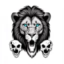 intimidating Lion with blue eyes, dead animal skulls on the bottom  tattoo design idea