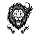 intimidating Lion with blue eyes, dead animal skulls on the bottom  tattoo design idea