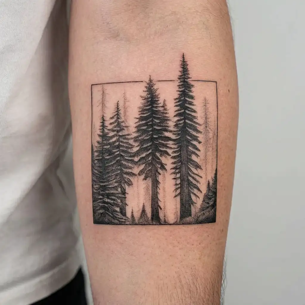redwood forest landscape with in front tree with heart engraved around initials H+D tattoo design idea