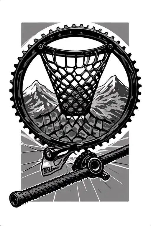 disc golf basket and mountain bike cranks tattoo design idea