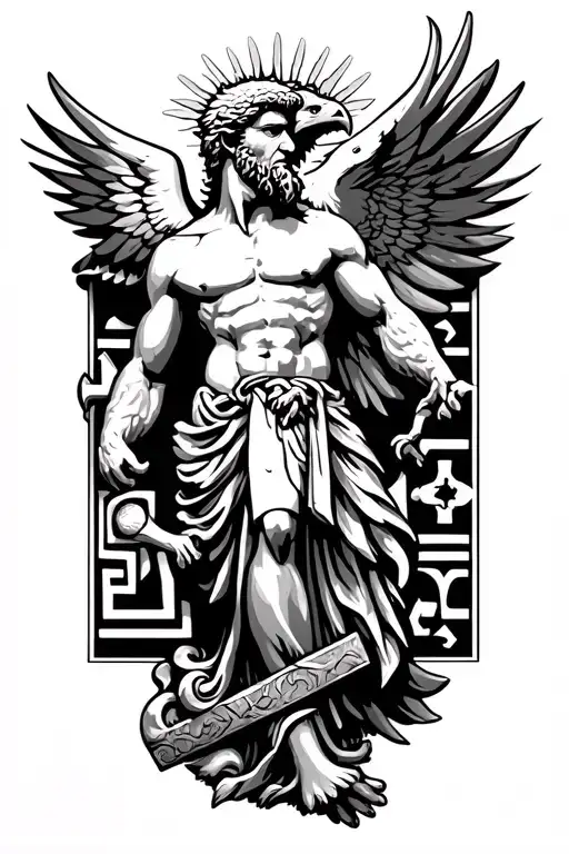 prometheus statue with eagle and greek key tattoo design idea