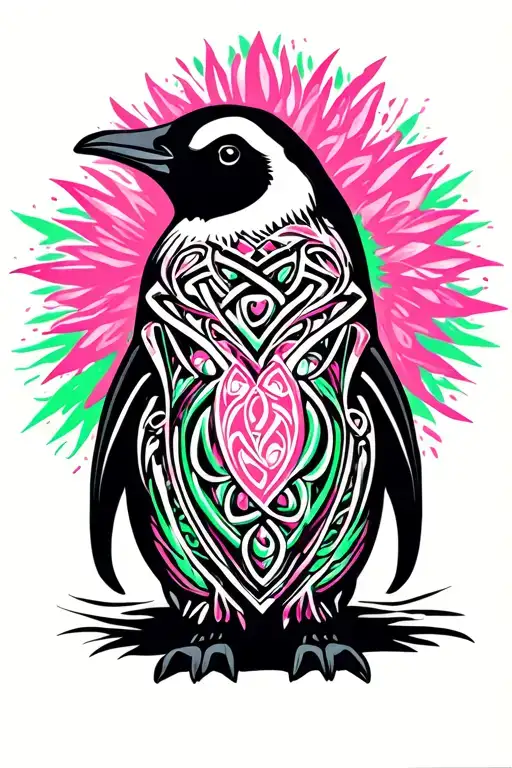 Penguin, tribal, pink, green, Celtic, love tattoo design idea
