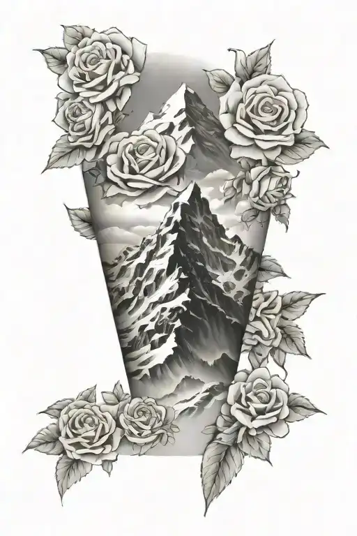 sleeve tattoo featuring a detailed mount everest and roses tattoo design idea