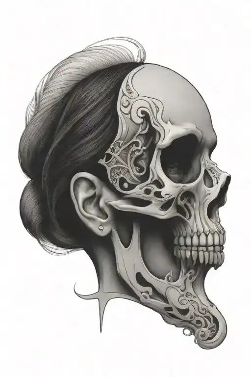 woman with  half skull face tattoo design idea
