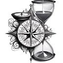 compass and clock as hourglass with filigree lines tattoo design idea
