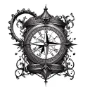 compass and clock as hourglass with filigree lines tattoo design idea