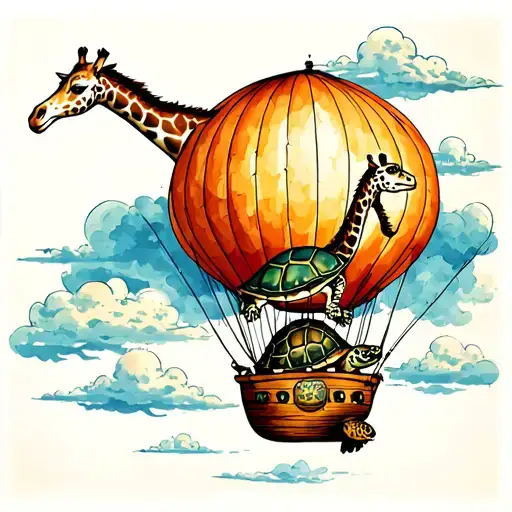 giraffe and turtle riding in a hot air balloon tattoo design idea
