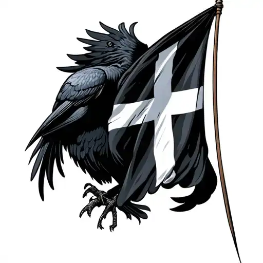 black flag with a white cross flowing with a Cornish chough sleeve tattoo design idea