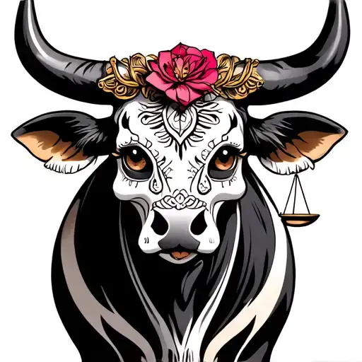 feminine bull with sugar skull markings, brown eyes and two Libra scales and dark background tattoo design idea