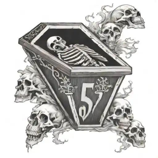 coffin lined in bones with "57" engraved on top of coffin tattoo design idea
