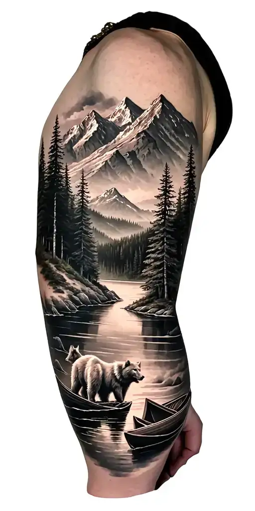 A black an grey tattoo of a river mountain a bear a wolf and a forest  with a boat in the river tattoo design idea