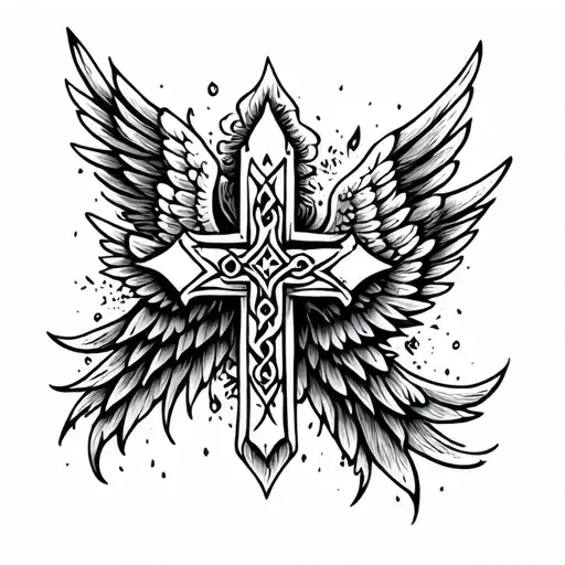 Nordic theme cross with wings tattoo design idea