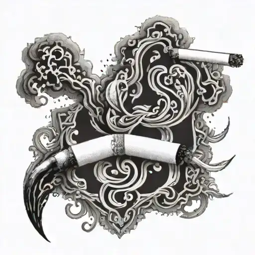 An intricate dotwork tattoo of smoke forming elegant patterns around a pack of cigarettes tattoo design idea