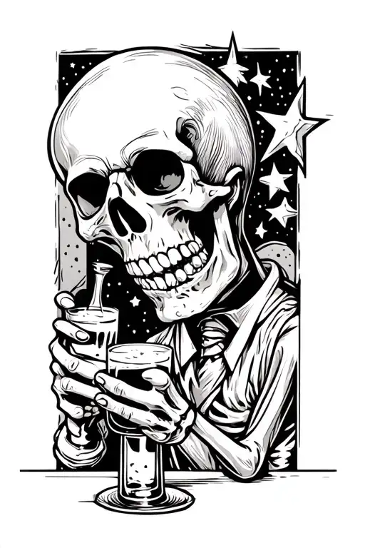 a skeleton bartender looking at the stars moon tattoo design idea
