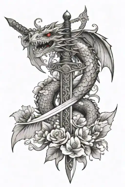 sword with dragon and cherry blossoms wrapped around it. dainty and feminine tattoo design idea