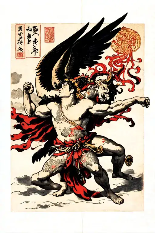 Japanese woodblock depiction of Guido Reni's painting "The Archangel Michael defeating Satan" tattoo design idea