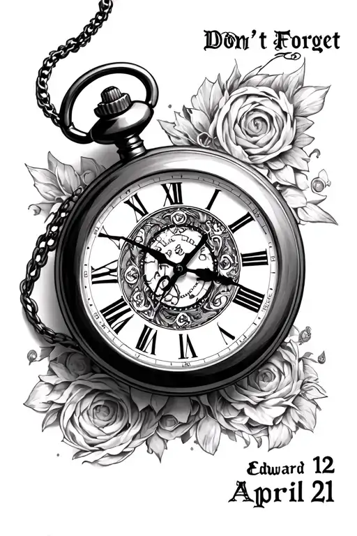 "Don't Forget 12 April  21" Fullmetal Alchemist Edward Elric pocket watch with the set to 12 04 tattoo design idea