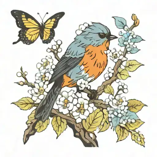 aspen tree, robin bird, butterfly made tattoo design idea