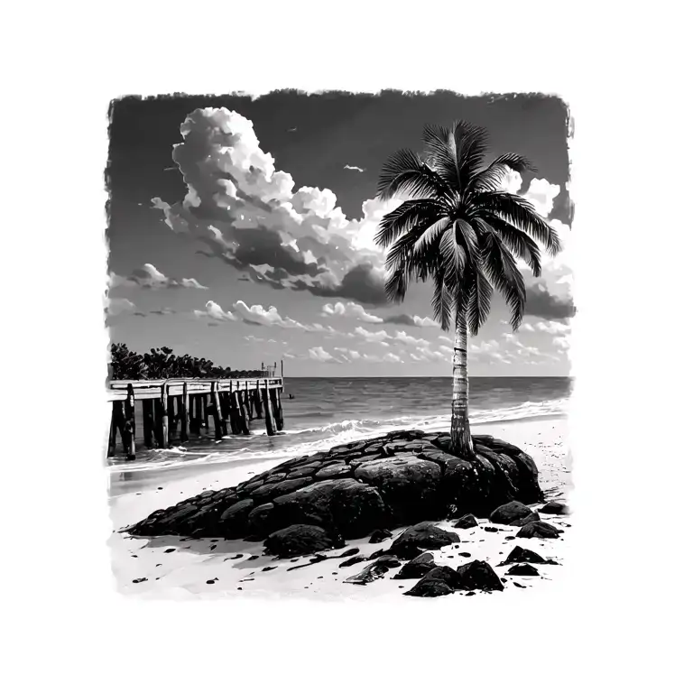 I want a lone palm tree from fort zachary historic state park in key west. It’s on the sand in front of a rock jetty and tattoo design idea