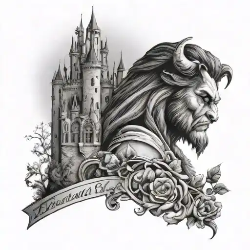 beauty and the beast with the castle behind tattoo design idea