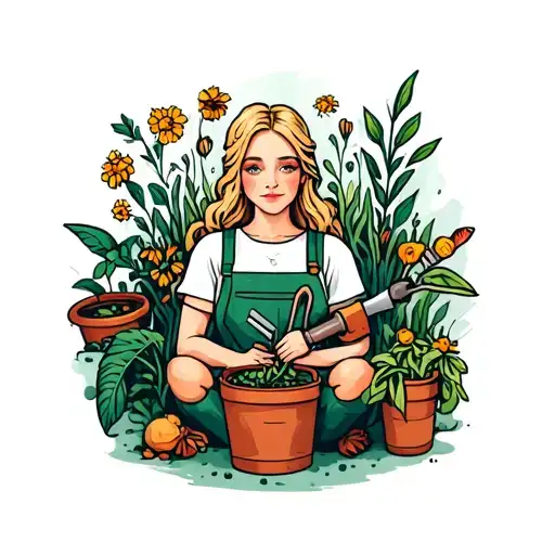 blonde girl gardening tools and plants tattoo design idea