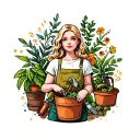 blonde girl gardening tools and plants tattoo design idea
