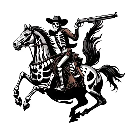 skeleton cowboy riding a skeleton horse rearing up with pistol tattoo design idea