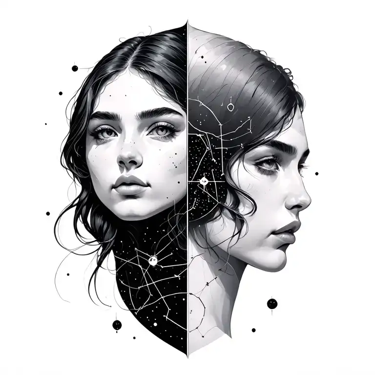 gemini and tourus constellation merged together, minimilistic line art  tattoo design idea