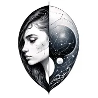 gemini and tourus constellation merged together, minimilistic line art  tattoo design idea