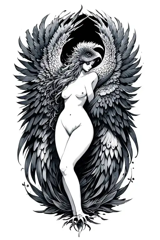 Nude girl phoenix tattoo design idea