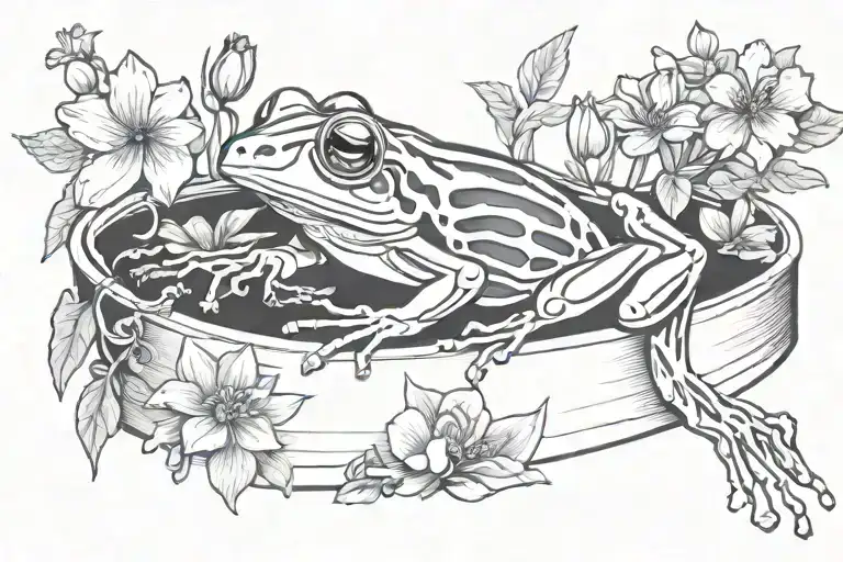 Symmetrical tree frog skeleton inside coffin outline surrounded by flowers tattoo design idea